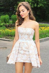 Elegant White Lace Strapless Short Homecoming Dress, Cheap Short Prom Dress